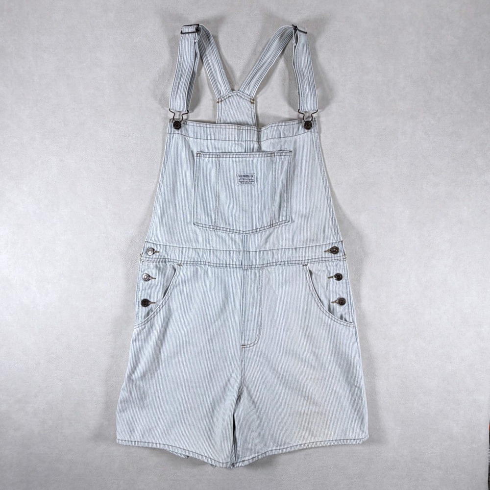 Levis Womens Hickory Stripe Denim Shortalls Overalls Blue White XL